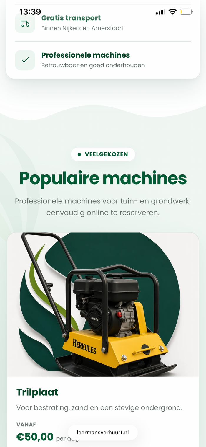 Mobiele homepage van Leermans Verhuurt